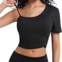 Crop Tops for Women Cute One Shoulder Tee Short Sleeve Going Out Shirts with Adjustable Strap and Playful Hem, Black, M