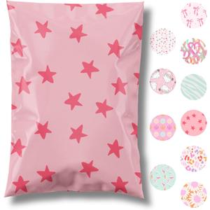 Pretty Package Store 10x13 Designer Poly Mailer 100 Pack Heavy Duty Waterproof Self Seal Shipping Bags for Small Business Large Mailing Envelopes Bulk Tear Resistant Cute Packaging Seeing Stars Pink
