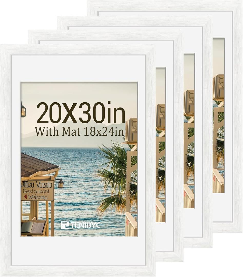 20x30 Poster Frame 4 Pack, 18x24 Mat, White Wood, for Picture