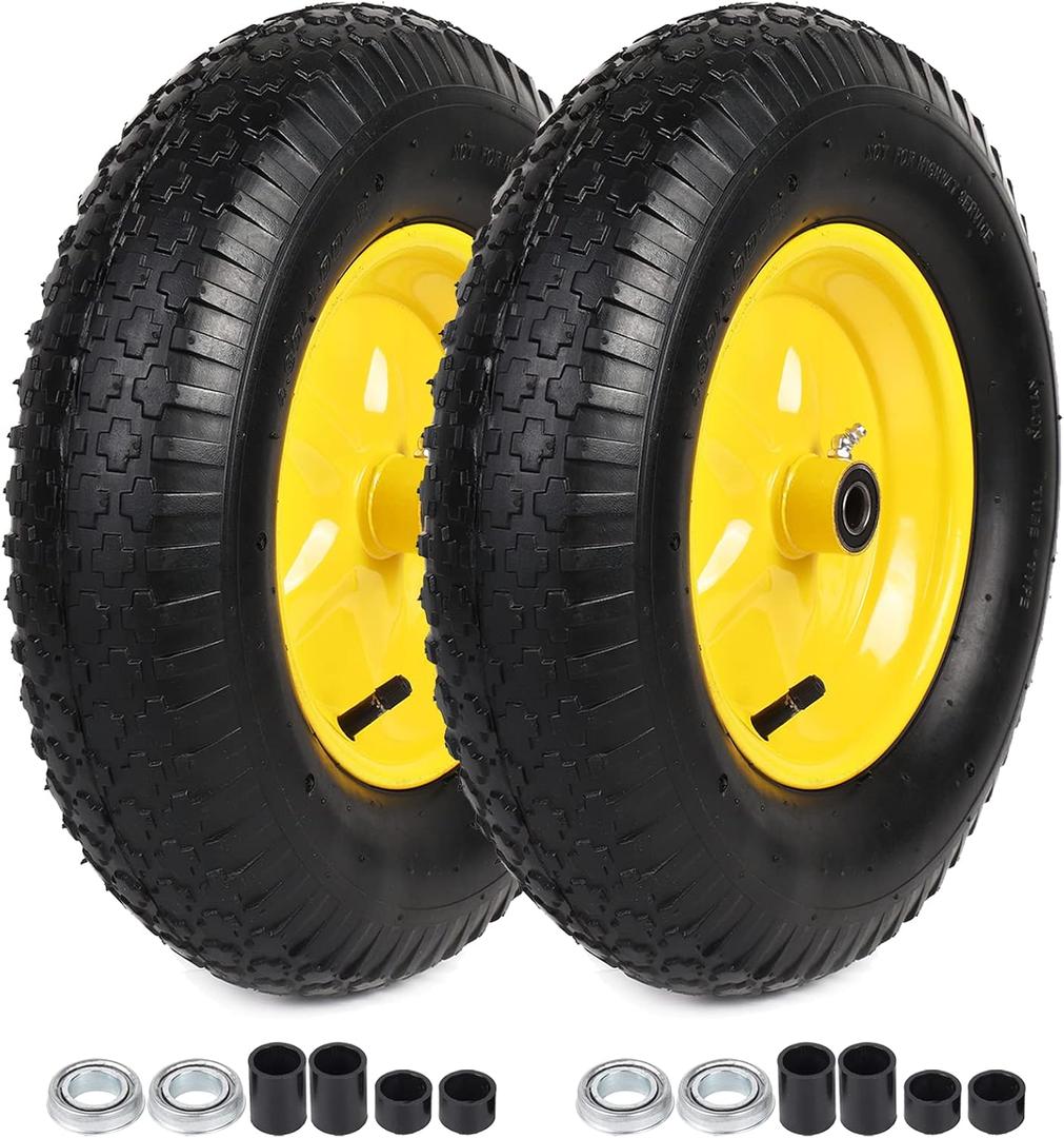 AR-PRO (2-PACK) 4.80/4.00-8" Tire and Wheel, 16" Pneumatic Tire Wheels with 3/4" Bearings and 3" Centered Hub for Wheelbarrow, Hand Truck, Garden Carts, Yard Wagon Dump Cart (Extra 5/8" Bearings) (Yellow (2 Pack))