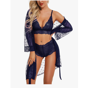 RSLOVE Women Sexy Lingerie Set 3 Piece Lace Kimono Robe with Bra and Panty Sheer Sleepwear, size -L