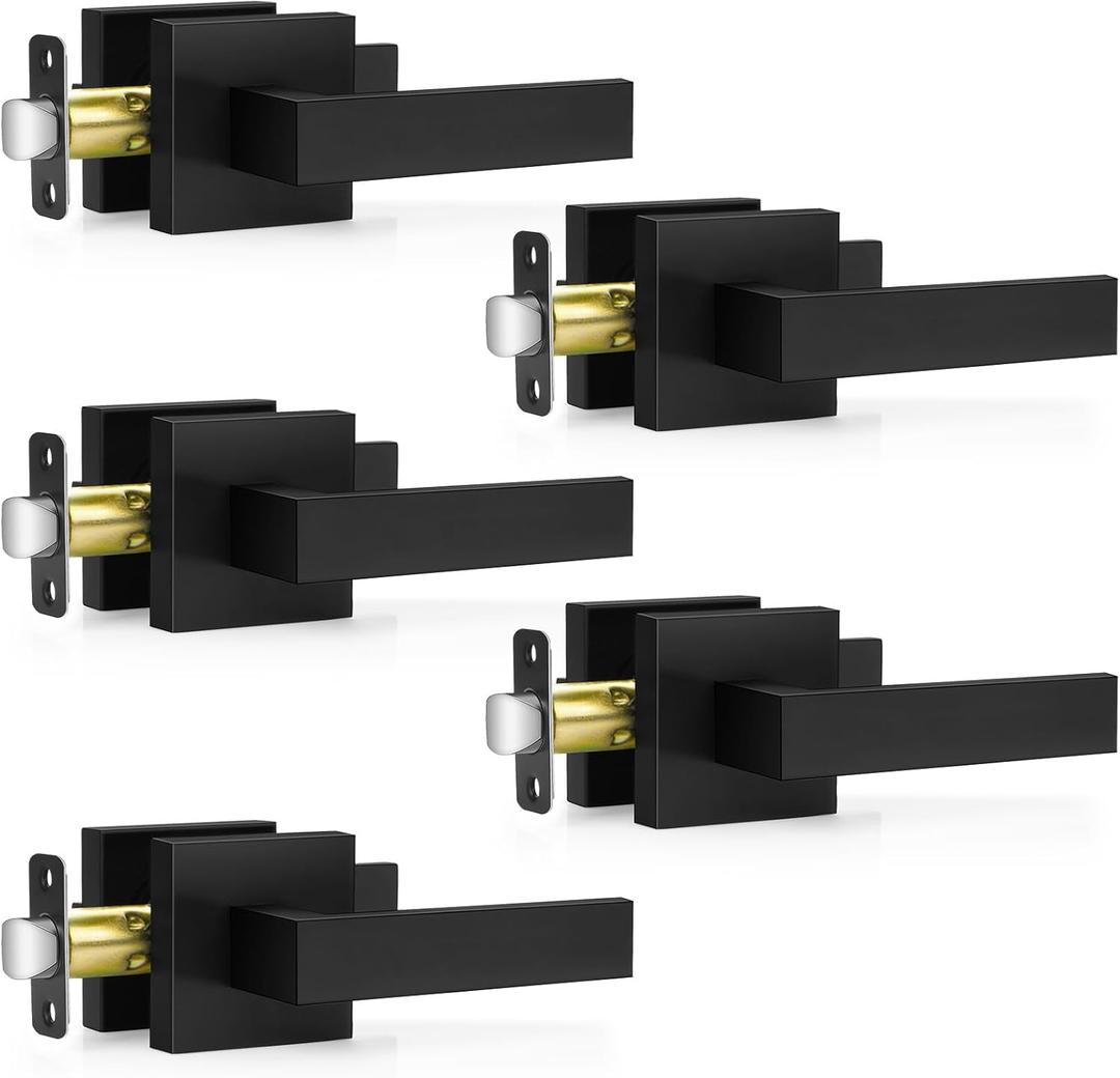 Plustool 5 Pack Matte Black Door Handles Interior, Passage Door Knobs Closet Door Levers for Hallway, Heavy Duty Square Doorknob Non-Locking Handlesets for Left & Right Sided Doors
