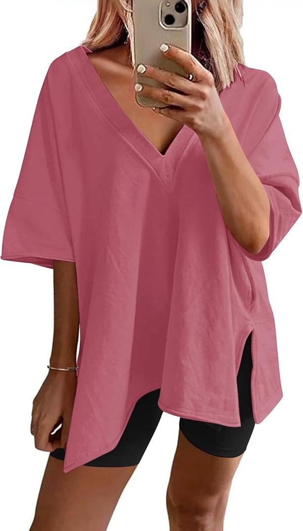 Ekouaer Womens Pajamas 2 Piece Lounge Sets Oversized V Neck T-Shirts Tops Biker Shorts Set Workout Reversible Tracksuit  (Large, Peach Pink)