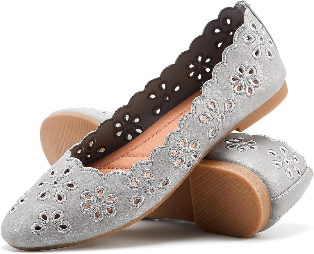 Women's Ballet Flats Black PU Leather Dress Shoes Comfortable Round Toe Slip on Flats with Breathable Eyelets (10, Grey)