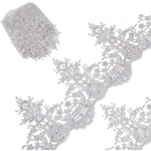 GORGECRAFT 3 Yards 9 Inches Width Metaillic Venice Edging Trimming Sequin Flower Embroidery Lace Ribbon Applique Sewing Lace Trim Floral Lace Crown Edge for Fabric Embroidered Wedding Bridal(Silvery)