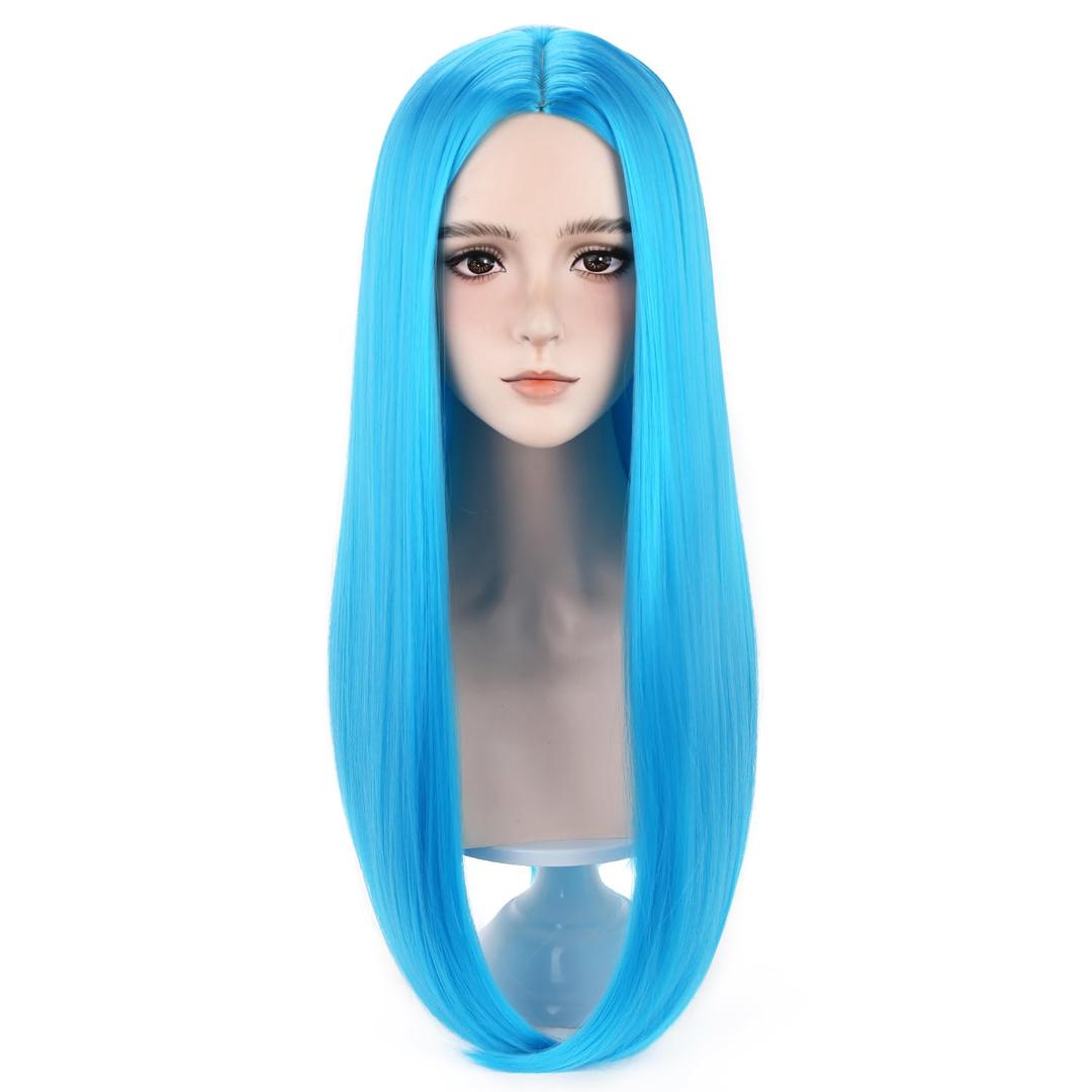 RightOn 22 Inches Blue Wig Long Straight Blue Hair for Cosplay Costume Party with Hairnet