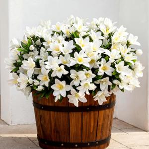 6 Bundles Artificial Faux Spring Flowers for Outdoor, Faux Azalea with Leaves Fake Plants Silk UV Resistant Realistic Artificial Flowers Bulk for Planter Garden Porch Home Decor(White)