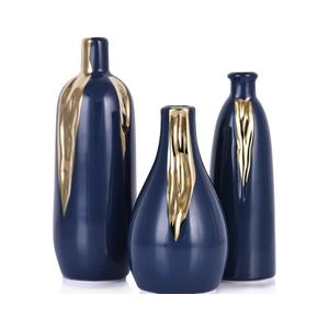 Blue and Gold Mini Ceramic Vase Set of 3, Small Ceramic Vase Set for Decorative, Bud Vases for Centerpieces Nightstand Kitchen, Boho Farmhouse Home Coffee Table Tray Decor