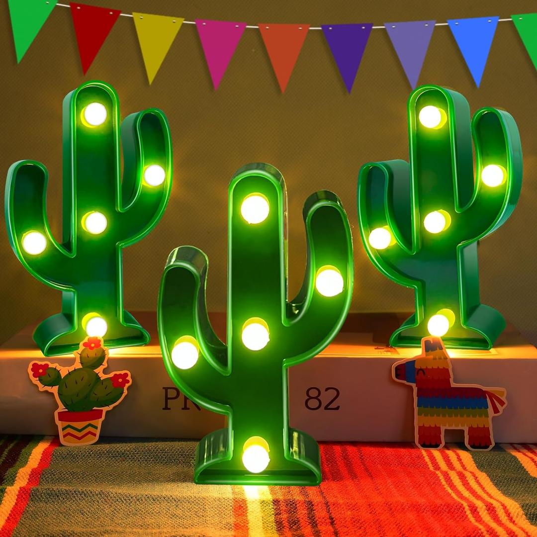 TURNMEON 3 Piece Cactus Decor LED Cactus Light Cinco De Mayo Decorations, Fiesta Mexican Party Decorations Green Cactus Night Light Table Lamps for Kid's Room Bedroom Home Decor (4.72 x 2.76 Inch)