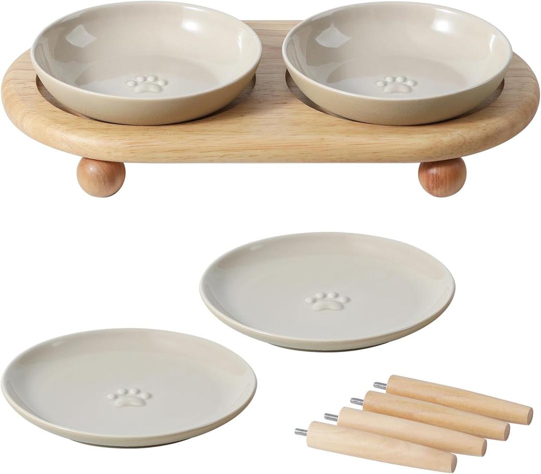 Havniva Cat Bowls Elevated 5.6 Ceramic Cat Bowl with Stand Whisker Friendly Cat Dishes, Cat Food & Water Bowl Set with Two Heights Options, Raised Cat Food Plates for Kitten Anti-Slip Pet Bowls (2 Bowls+2 Shallow Dishes+Stand- Vintage Latte)