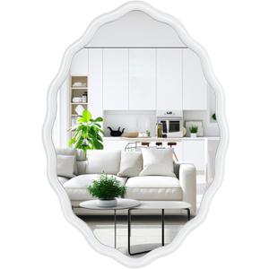 Oval Bathroom Mirror Wall Mounted Large Decorative Wall Mirror for Living Room, Bedroom, or Entryway Vintage Sunburst Design with Beveled Detailing Wavy Frame Vanity Mirror (White)  30"L x 20"W