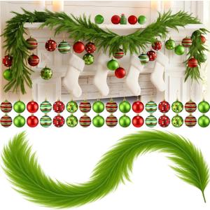 6 ft Lime Green Christmas Pampas Grass Garland with 24 Pcs 2.36 Inch Red Green Candy Cane Peppermint Christmas Ball Ornaments, Large Elf Garland Hanging for Xmas Tree Fireplace Decorations