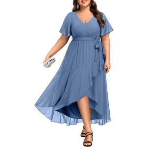 Talisea Womens Plus Size Long Dress Chiffon High Low Split Ruffle Evening Bridesmaid Wedding Guest Formal Maxi Dresses, 18 W