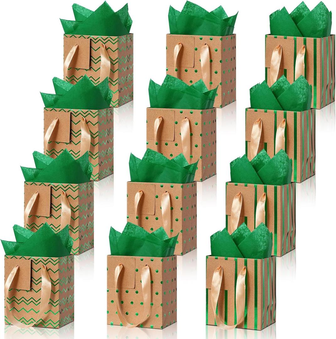 Tenare 12 Pcs Small Gift Bags Mini Metallic Paper Bag Bulk Tiny with Handle Tissue Paper for Gift Wrapping Happy Valentines Day Chinese New Year Birthday Party(7 x 4 x 9 Inch,Brown Green Gold)