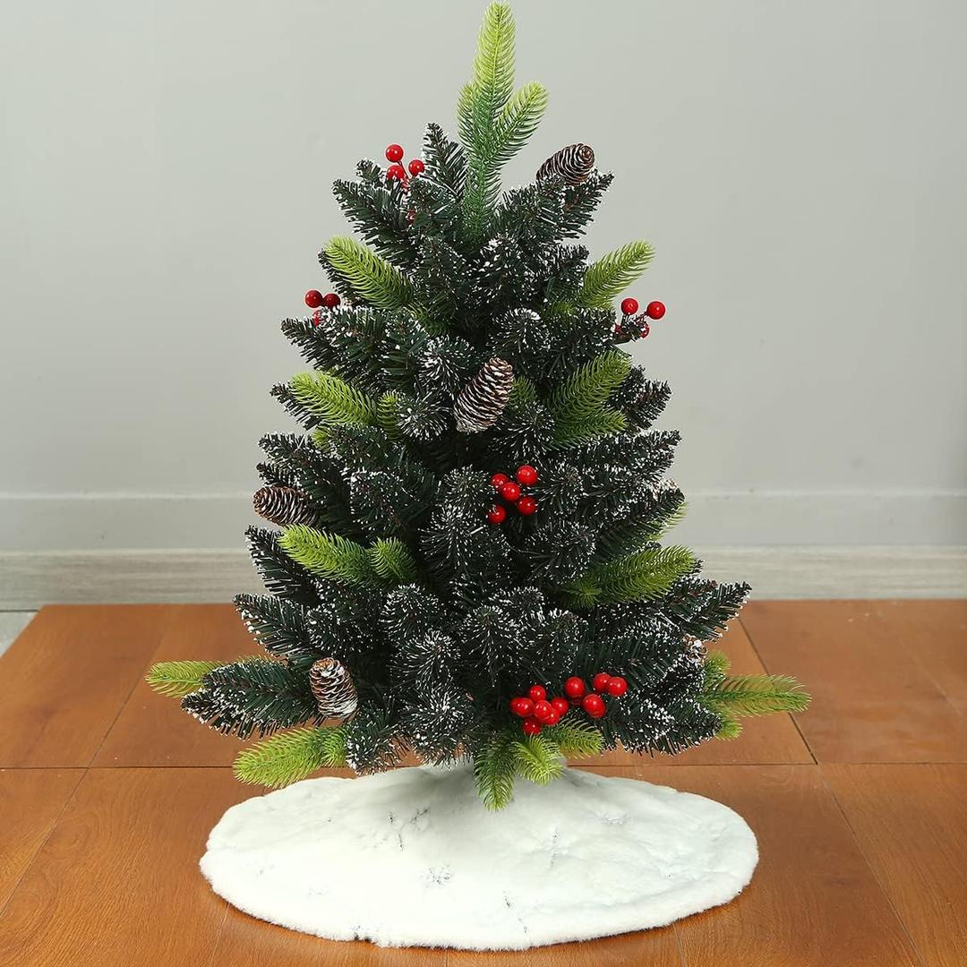 Sattiyrch Small Christmas Tree Skirt 18in, with Silver Snowflakes, Faux Fur White Xmas Tree Skirt for Christmas Tree (Silver Snowflakes, 18in)