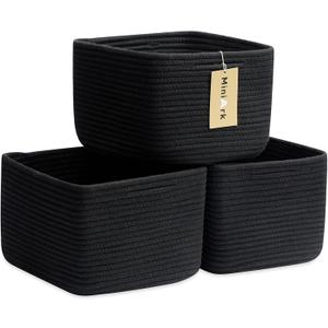 MiniArk Small Organizing Baskets for Cubes Shelf, 9.7x9.7x7.1 Inch Rope Woven Storage Bins for Nursery Shelves Storage, Cute Toy Basket, Square 3 Packs Black
