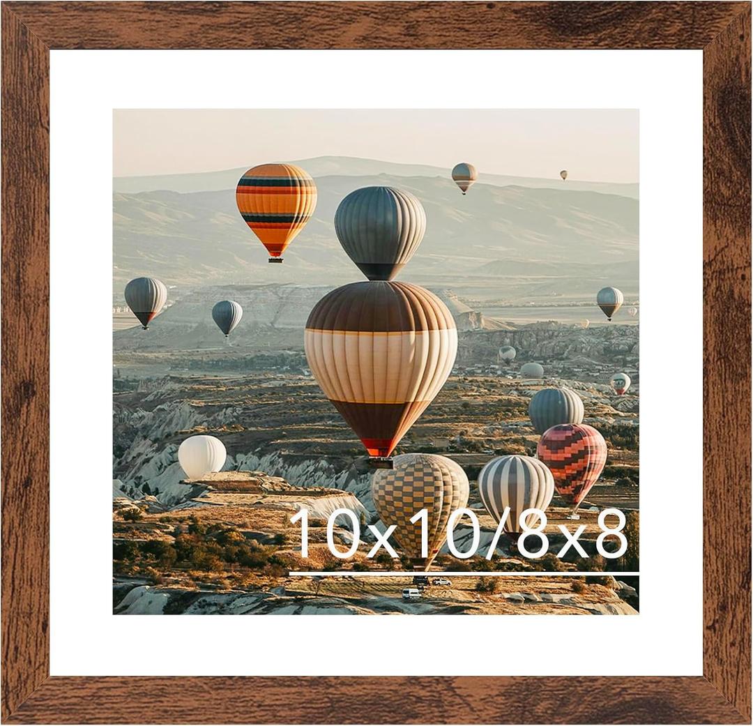 10x10 Picture Frame, Display 8x8 with Mat or 10 x 10 without Mat, Wood Square 8 by 8 Photo Frames for Wall Hanging, 1 Pack, Deep Brown