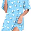 Women's Blue Stars Nightgown Short Sleeve V Neck Nightshirt Casual Sleepwear Lounge Wear Dress, L (Blue, L)