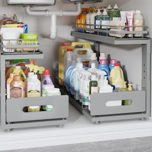 2 Pack 21 in Depth Pull Out Cabinet Storage with Smooth Rails,2-Tier Dual Pull Out Cabinet Storage for Bathroom Kitchen,Under Sink Shelf-Gun Gray
