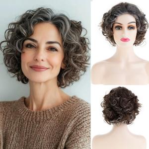 Short Brown Curly Wigs for Women Synthetic Mixed Grey Big Curly Bob Wig Modern Cosplay Hair
