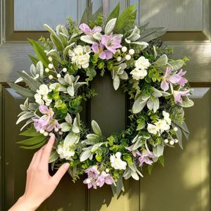 24 Inch Pastel Purple & White Spring Wreath  Elegant Farmhouse Floral Wreath for Front Door with Eucalyptus & Boxwood Greenery, Timeless Indoor Wall Decor, Weatherproof Outdoor Porch Decor