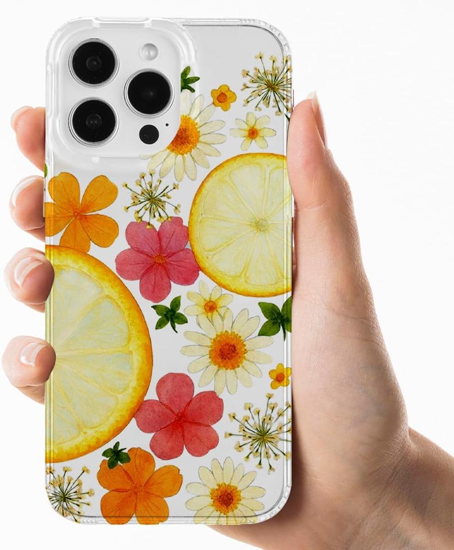 Compatible with iPhone 16 Pro Max Clear Case Flowers, Trendy Cute Tangerine Fruit Floral Girly Anti-Yellowing TPU Shockproof Aesthetic Protective Phone Case Cover for Women Girls 6.9"