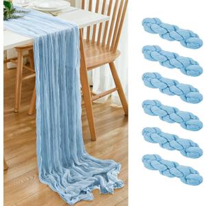 6 Pack Baby Blue Cheesecloth Table Runner 21x120 Inch Boho Wrinkled Sheer Romantic Gauze Decor for Wedding, Bridal Shower, Birthday Party