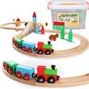 SainSmart Jr. Wooden Train Set for Toddler with Double-Side Train Tracks Fits Brio, Thomas, Melissa and Doug, Kids Wood Toy Train for 3,4,5 Year Old Boys and Girls (Small Town with Container)