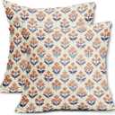 Navy Blue Orange Floral Block Print Pillow Covers 18x18 Inch Set of 2, Fall Vintage Flower Pattern Decorative Throw Pillowcases Outdoor Farmhouse Cushion Covers Seasonal Rustic Sofa Couch Bed Decor