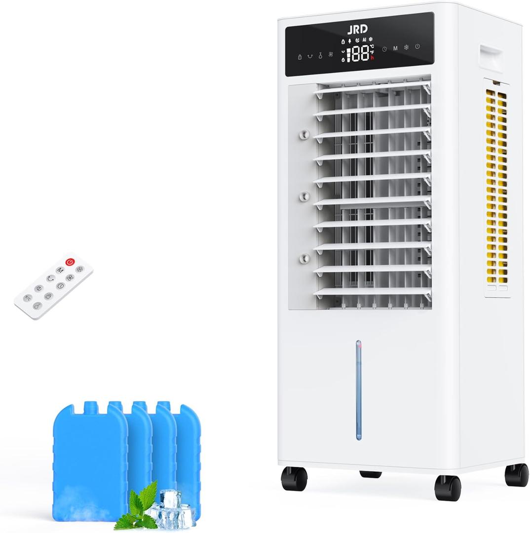 JRD Portable Air Conditioners, 3-IN-1 Evaporative Air Cooler with Remote, 2.4Gal Tank, 4 Ice Packs, 4 Modes, 3 Speeds, 12H Timer, Mist Function, Oscillation Swamp Cooler for Bedroom Home Office