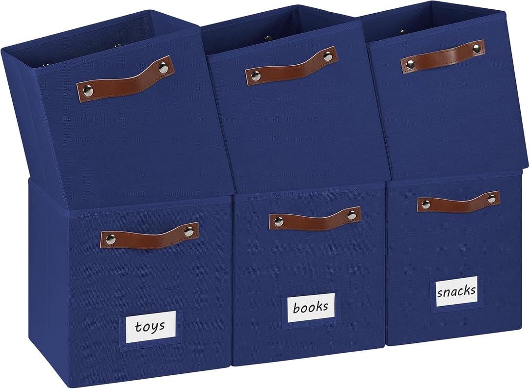 6-Pack Collapsible Fabric Storage Cubes with Handles & Label Holders, Closet Cube Home Organizer Bins (Navy Blue, 10.5*10.5*11 inch)