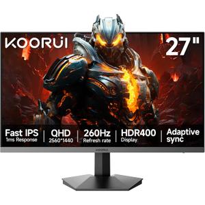KOORUI 27 inch QHD Gaming Monitor 260hz/240hz, 1440p,HDR400,Fast IPS,2560X1440, 1ms, VESA Mountable, Adaptive Sync, HDMI & DP, 120% sRGB, Eye-Cared, G2721X