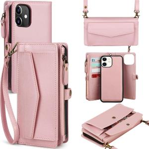 for iPhone 11 Wallet Case for Women, Support Wireless Charging with RFID Blocking Card Holder, Leather Zipper Detachable Magnetic Phone Case with Crossbody Strap Lanyard, Pink