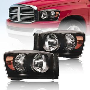 for 2006-2008 Dodge Ram 1500 2500 3500 Headlights Assembly Compatible 2007 2009 with Halogen Headlamps Amber Reflector Black Housing