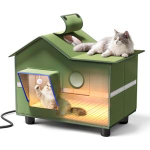 Heated Cat Shelter for Outside, Large Outdoor Cat House with Roof Window and Cozy Cushion, Weatherproof Foldable and Easy Assembly Design, Ideal for Stray and Feral Cats (Green)