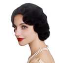 REEWES Long 1920s Wig Finger Wave Wig Curly Short Wig Vintage Wigs for Women Lady Synthetic Heat Resistant Full Wigs Cosplay Costume Fancy Dress With Wig Cap (Black)