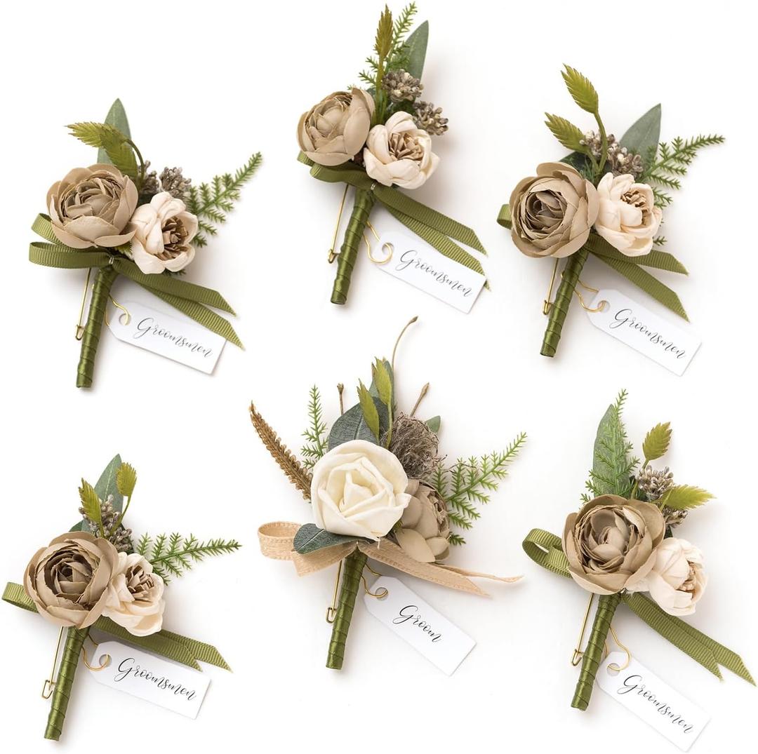 Ling's moment Boutonniere for Men, 6pcs Groom Groomsmen Boutonniere, Artificial Flowers for Wedding Decor/Prom/Homecoming, etc.Brown