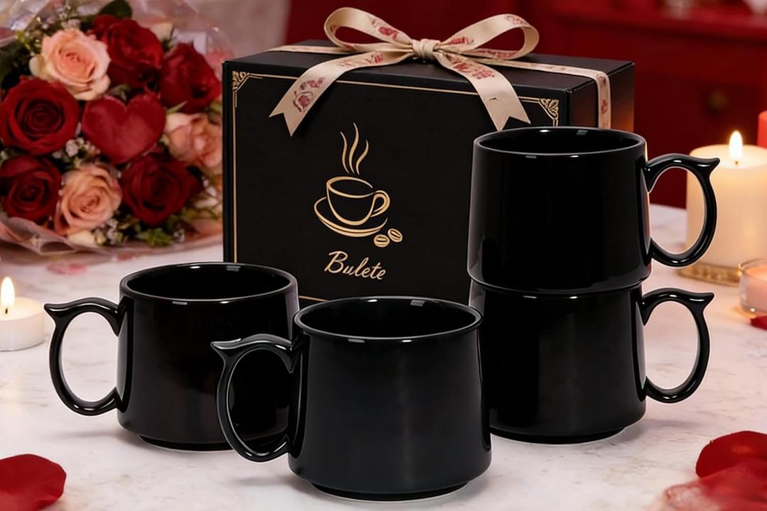 Coffee Mugs Gift Set of 4, Large 19 oz Stackable Ceramic Coffee Mug, Coffee Cups with Large Handle for Latte, Cappuccino, Milk, Tea, Dishwasher & Microwave Safe, Ideal for Men, Women - Black