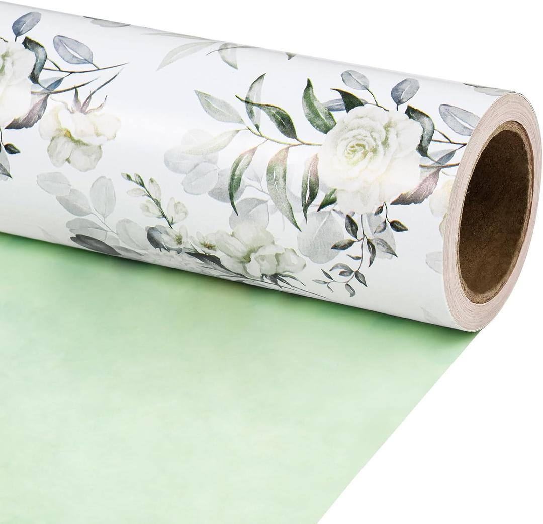 RUSPEPA Reversible Floral Wrapping Paper for Women Girls, Mini Roll, Elegant Flower Greenery and Sage Green Gift Wrap Paper for Wedding, Birthday, Bridal Shower, Mother's Day, 17 Inches x 16.4 Feet