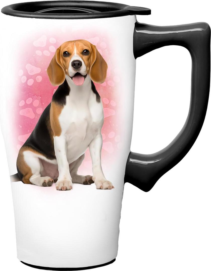 Spoontiques Beagle Ceramic Travel Coffee Mug with Lid and Handle - Spill Proof Lid - Double Walled Mug for Hot and Cold Beverages - Microwave and Dishwasher Safe