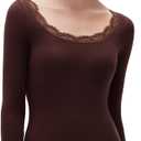 SUUKSESS Cloud Cashmere Women Lace Scoop Neck Tops Basic Long Sleeve Knit Shirts (X-Small, Dark Brown)