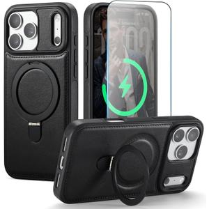 for iPhone 17 Pro Max Case with Stand, Compatible with MagSafe, Slim PU Leather & TPU Drop-Proof Protective Magnetic Kickstand Phone Cases with Tempered Glass Screen Protector 6.9", Black