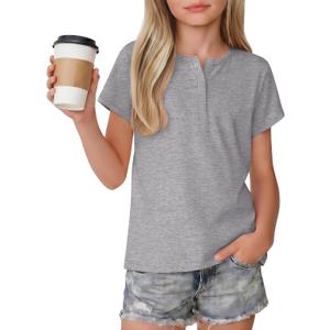 Girl's Short Sleeve Shirts Henley Round Neck Button up Tops Loose Fit Summer Basic Tees (Gray)