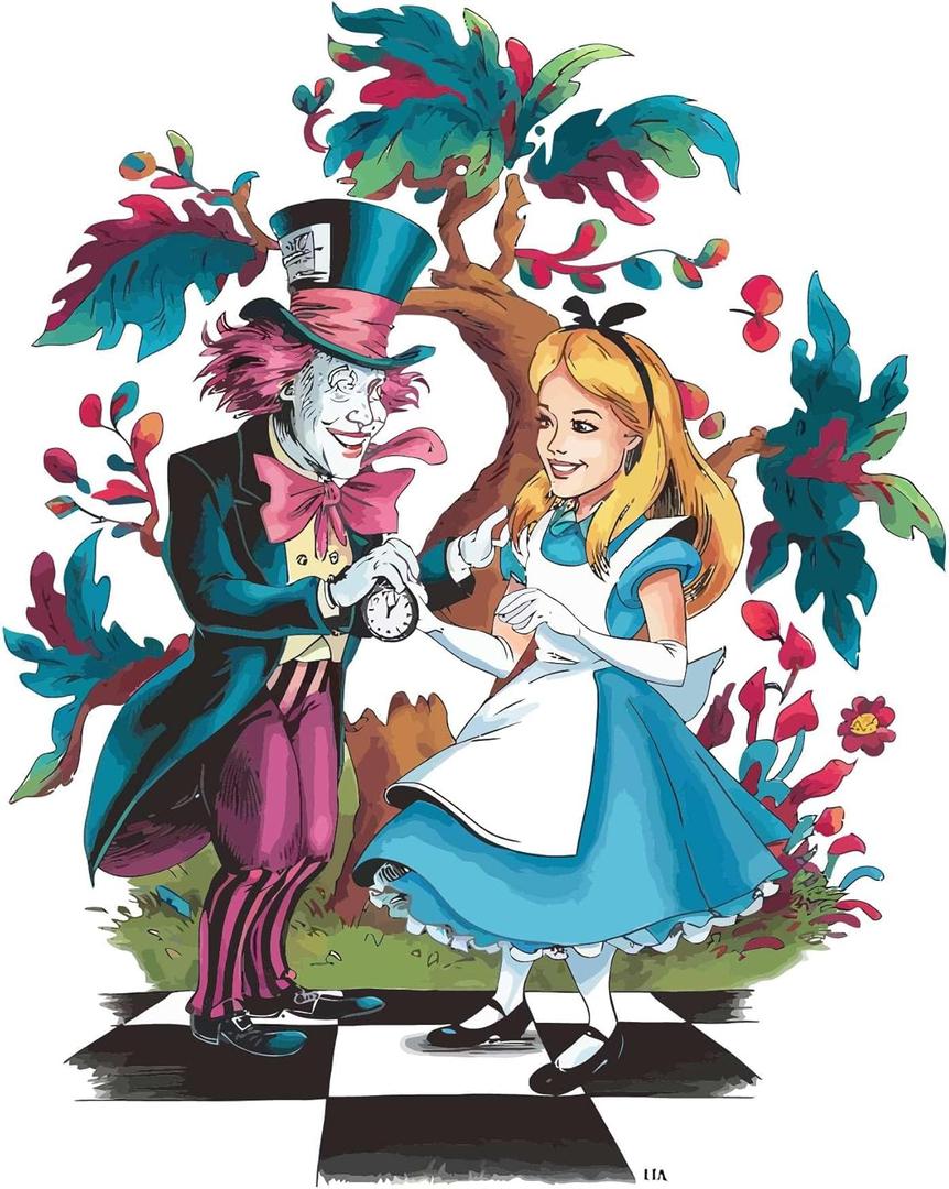 Cute Alice and Hatter Adventure World Mad Hatter Cheshire Cat Alice in Wonderland Adventurous Creative Minimalist Cartoon Girls Boys Kid Room Design Nursery Fun Home Vinyl Decoration Size (18x20 inch)