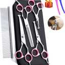 Dog Grooming Scissors kit with Safety Round End, Pet Grooming Trimmer Set with Blunt Tip-Thinning, Straight, Curved Shears tool with Comb, Nail Cliper and Nail File for Long Short Fur of Cat and Puppy