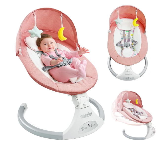 Pink Electric Baby Swing for Infants to Toddlers, 5 Speed Settings, 12 Built-In Songs, Bluetooth & USB Music, Timer Function
