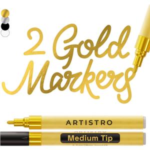 ARTISTRO 2 Gold Acrylic Paint Markers - 3mm Medium-Tip Paint Pens - Perfect for Crafting, Art Projects, & More