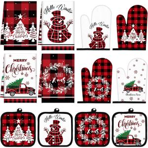 Pickmesh 12 Pcs Christmas Kitchen Towels and Oven Mitt Sets 4 Buffalo Oven Mitts 4 Snowman Dish Towels and 4 Plaid Pot Holders Xmas Tree Cooking Accessories for Winter Holiday Decoration Home Baking