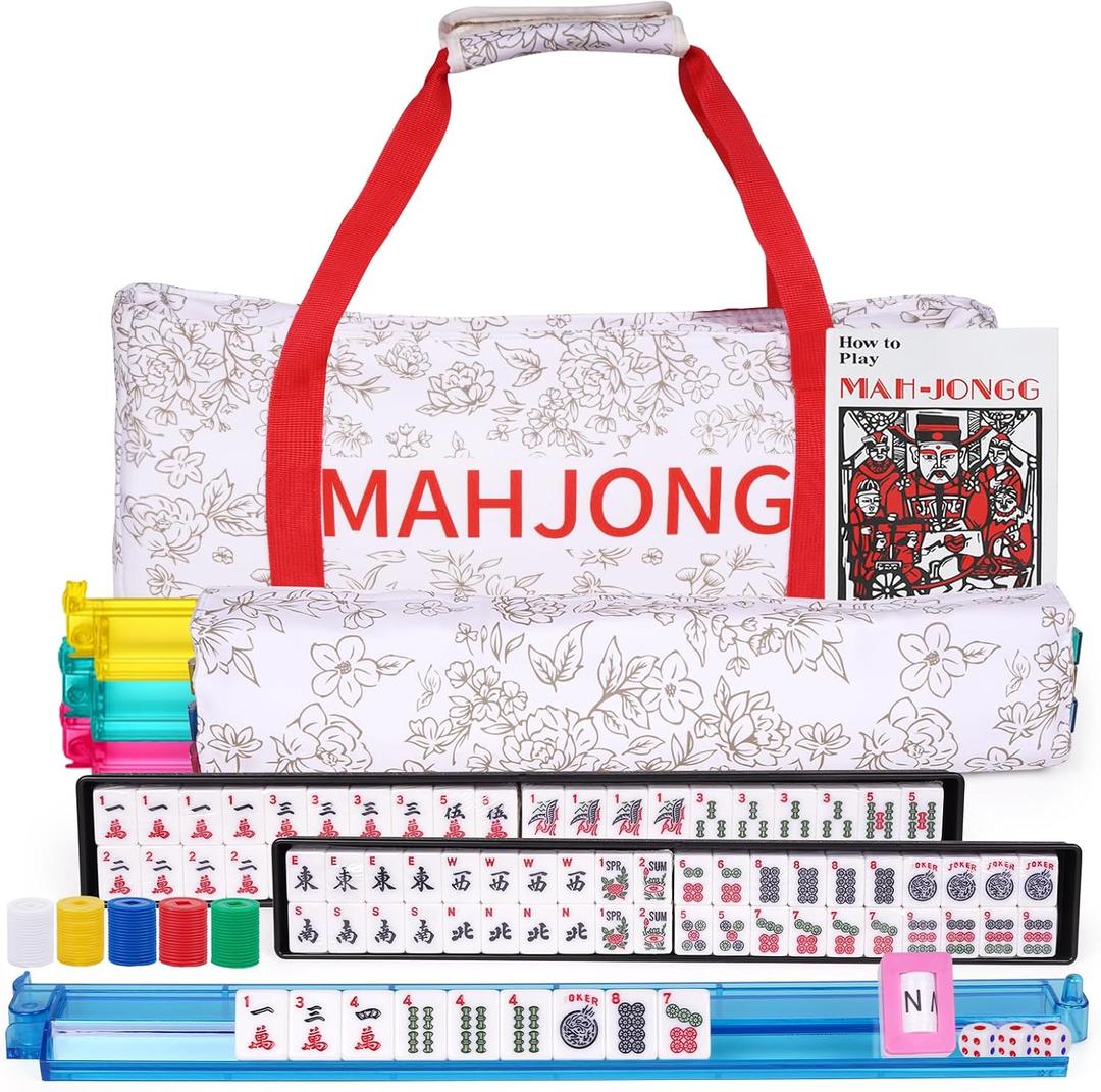 American Mahjong Game Set with Printed Carrying Bag, 166 White Tiles with Accessories,4 All-in-One Color Racks/Pushers,for Beginners (Ma Jong, Mah-Jongg), 1.2 x 0.9 x 0.5 inches