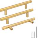 Goldenwarm 5 Pack 4 inch Gold Cabinet Handles Brushed Gold Cabinet Pulls Stainless Steel Drawer Pulls, Durable Kitchen Cabinet Handles - Bathroom Bedroom Dresser Handles Easy DIY Upgrade (4in Hole Centers)